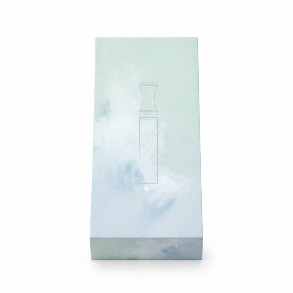 De watergekleurde verpakking van Purivo met een lijntekening van het product