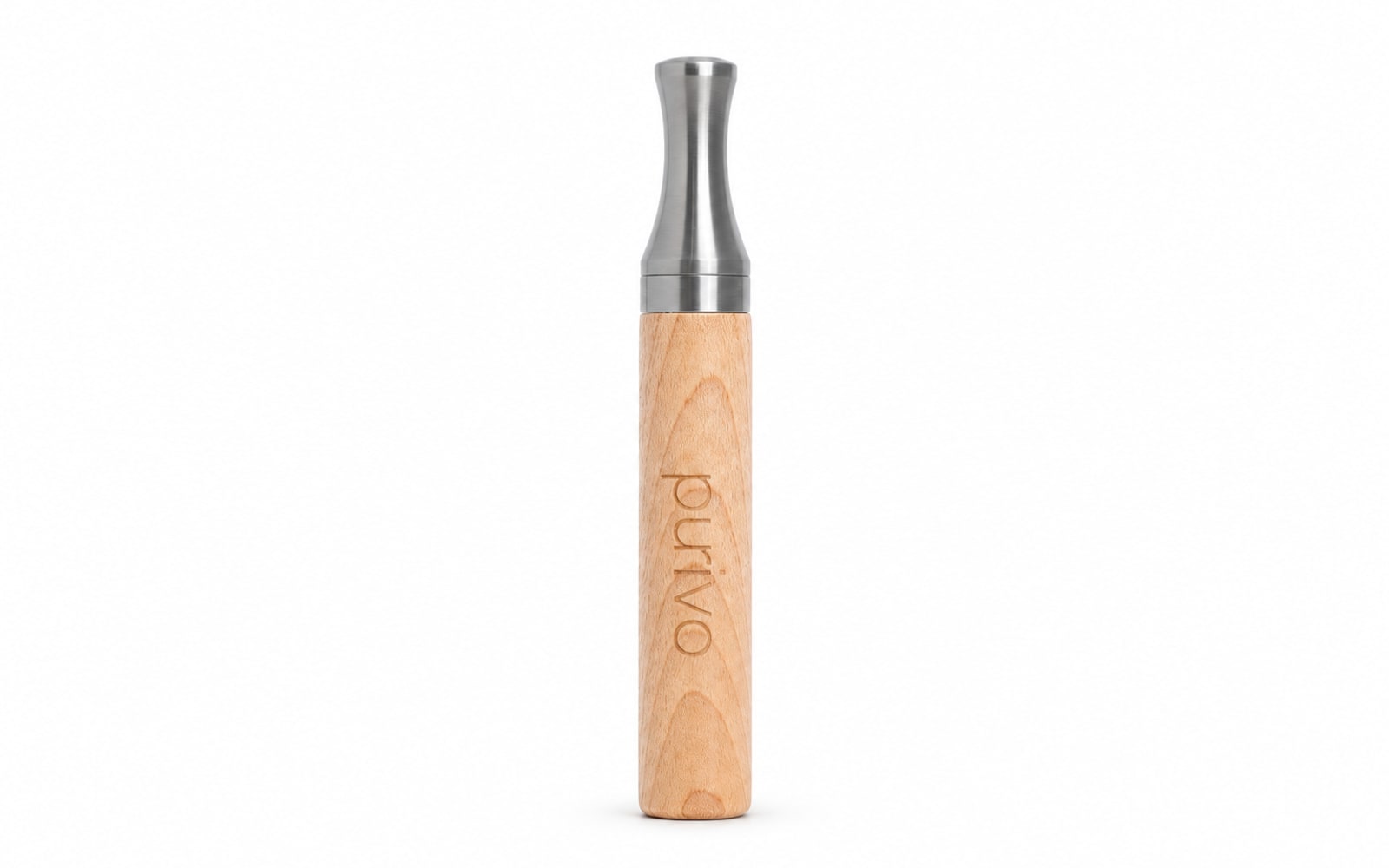 De Purivo-inhaler van licht hout met een metalen mondstuk op een witte achtergrond