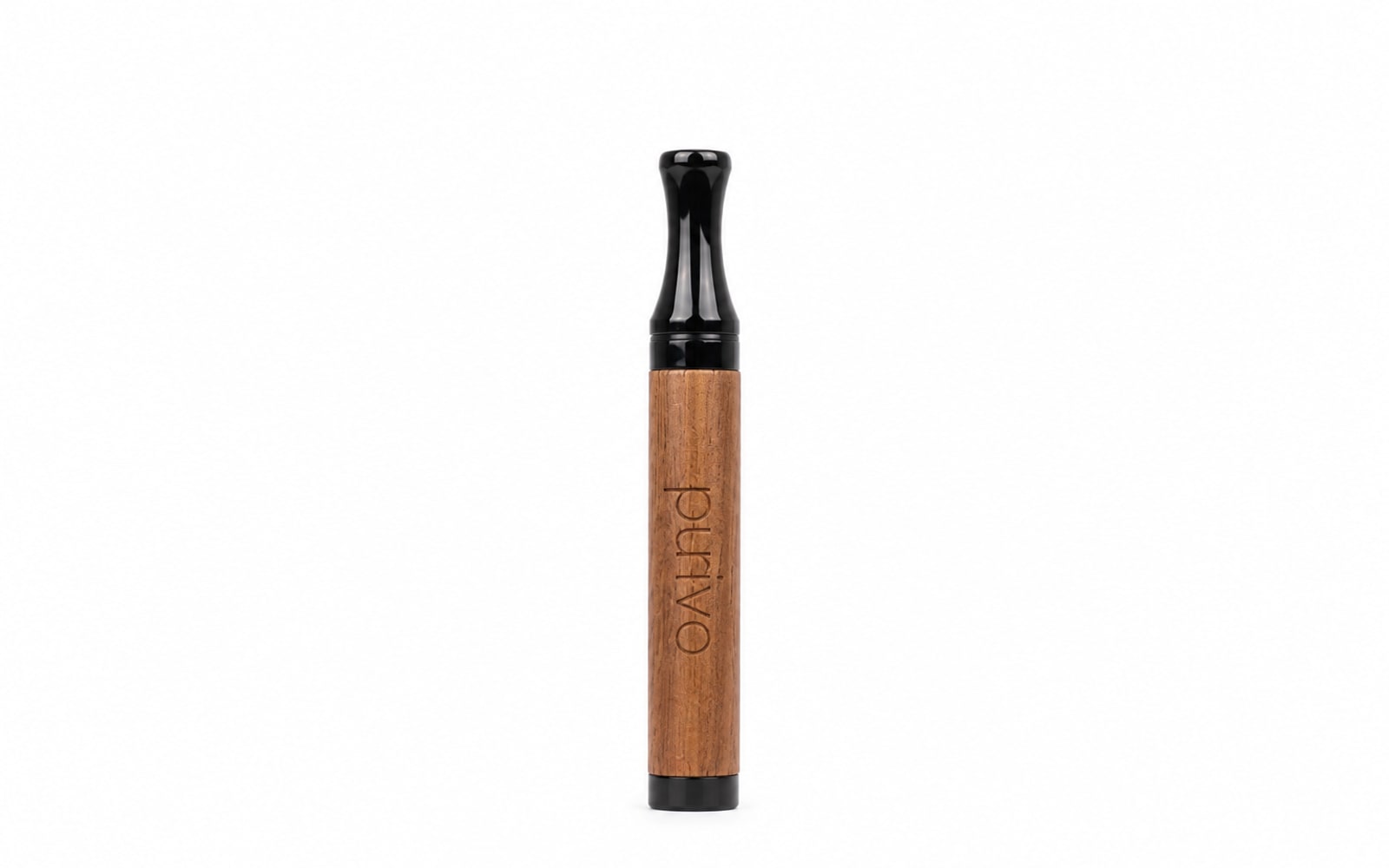Het tweede Purivo-model in donker hout met een zwart mondstuk op een witte achtergrond
