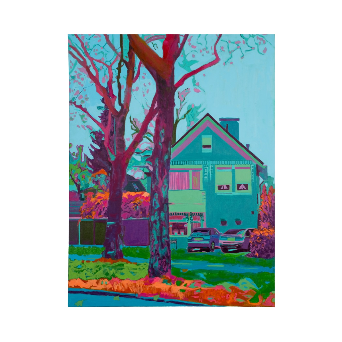 Schilderij 'Stillness' van Tara Haghi: acryl op canvas van een Nederlands huis tussen hoge bomen