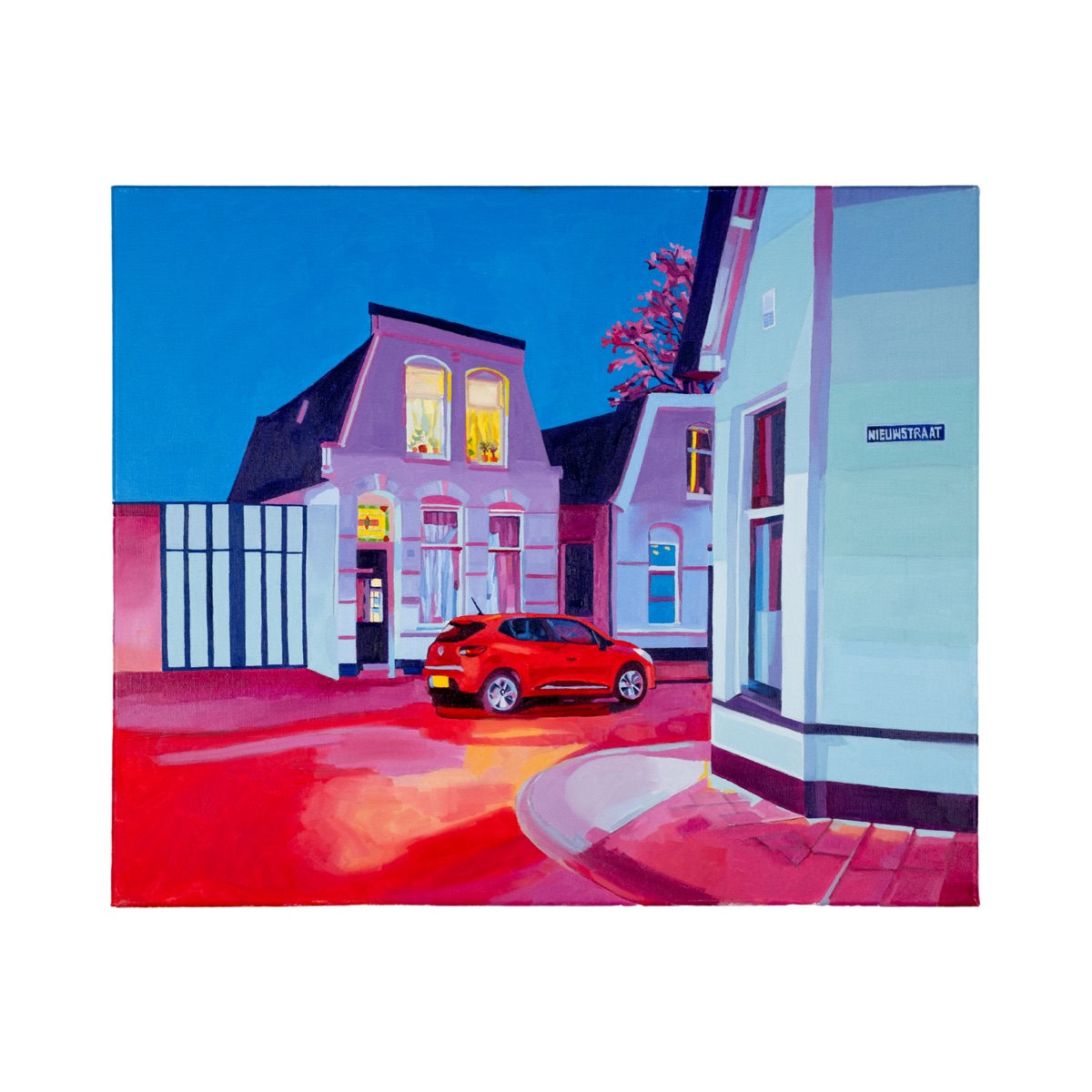 Schilderij 'Trace' van Tara Haghi: olieverf op canvas van een Nederlandse straathoek bij nacht